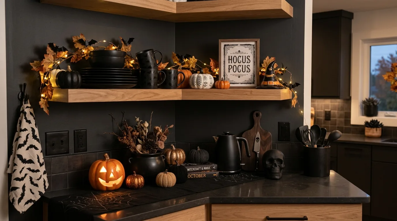 Use black accents to deepen the room structure inspiration for a spooky chic Halloween interior.
